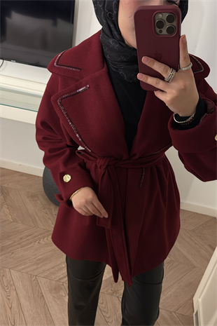 Yakası Boncuklu Nakışlı Gold Kaşe-Bordo