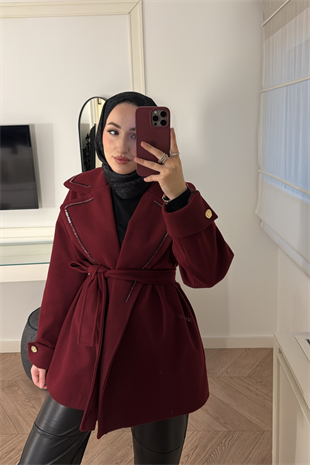Yakası Boncuklu Nakışlı Gold Kaşe-Bordo