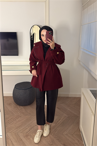 Yakası Boncuklu Nakışlı Gold Kaşe-Bordo