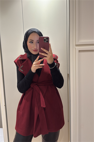 Yakası Taşlı Kaşe Yelek-Bordo