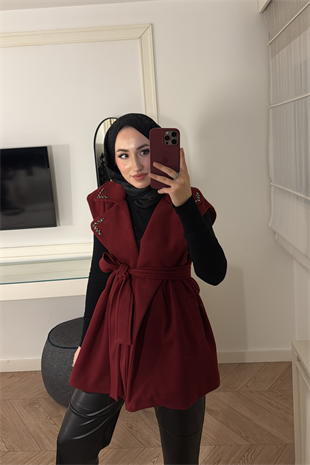 Yakası Taşlı Kaşe Yelek-Bordo