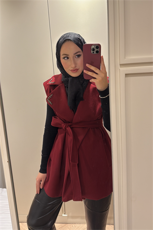 Yakası Taşlı Kaşe Yelek-Bordo