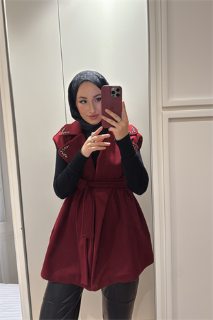 Yakası Taşlı Kaşe Yelek-Bordo