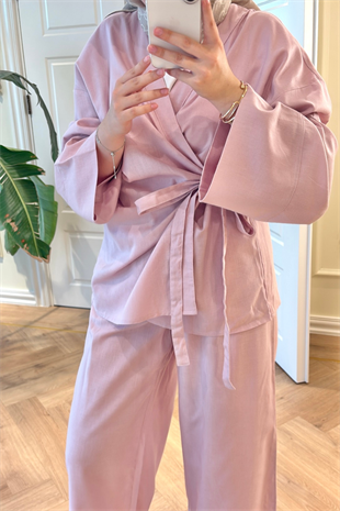 Yandan Bağlamalı Pantolonlu Takım - Pembe