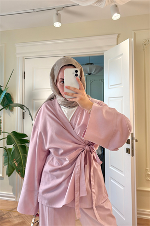 Yandan Bağlamalı Pantolonlu Takım - Pembe