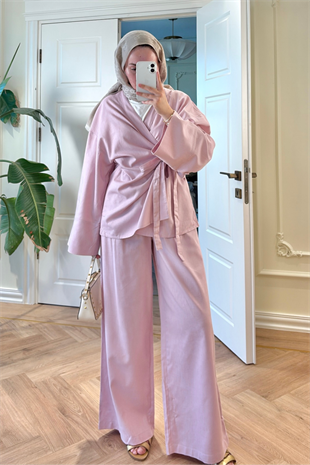 Yandan Bağlamalı Pantolonlu Takım - Pembe