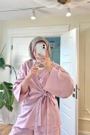 Yandan Bağlamalı Pantolonlu Takım - Pembe