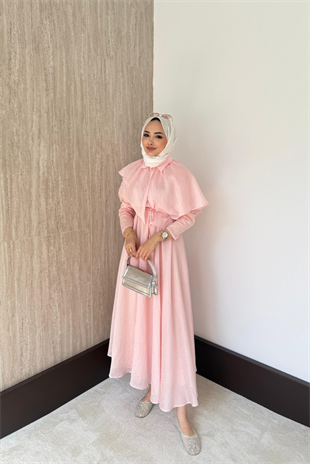 Yumi Pelerinli Vual Elbise - Pembe