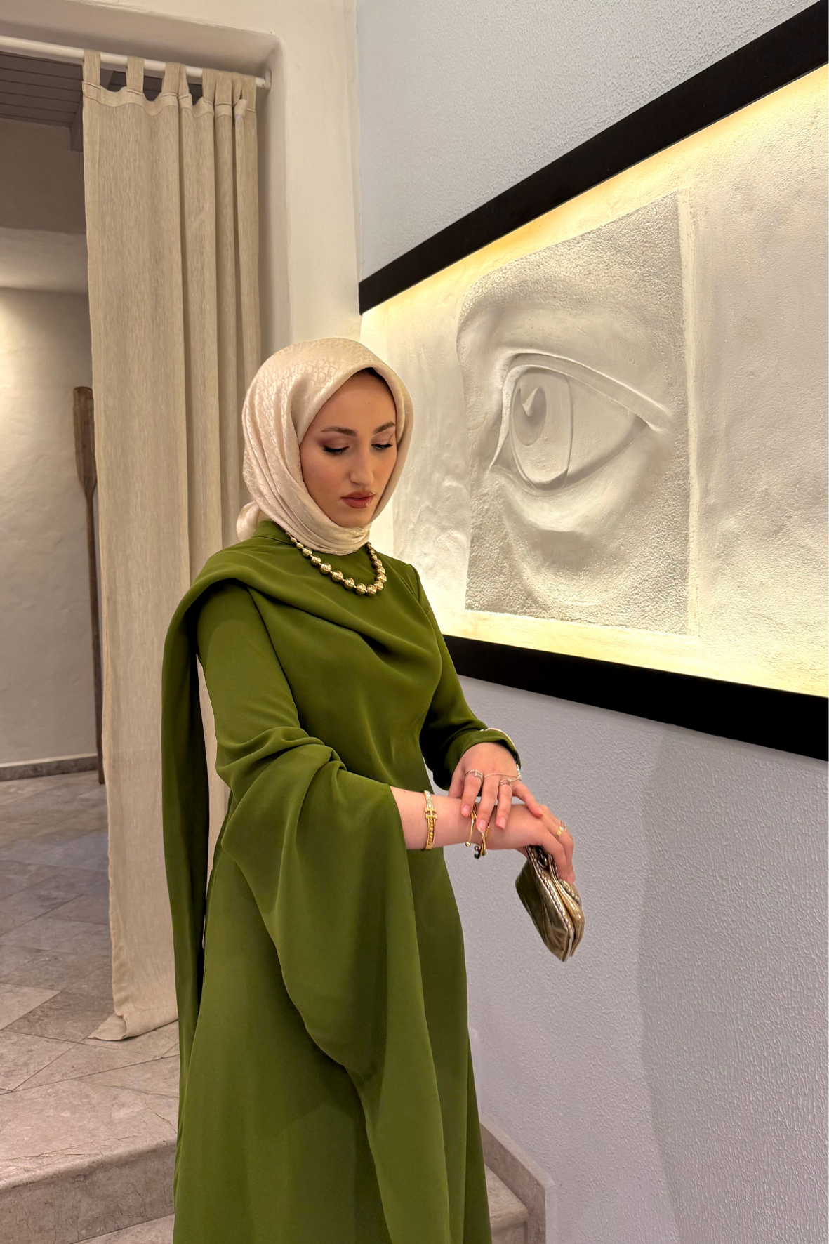 Şal Detaylı Volan Elbise-Olive (ÖN SİPARİŞ )