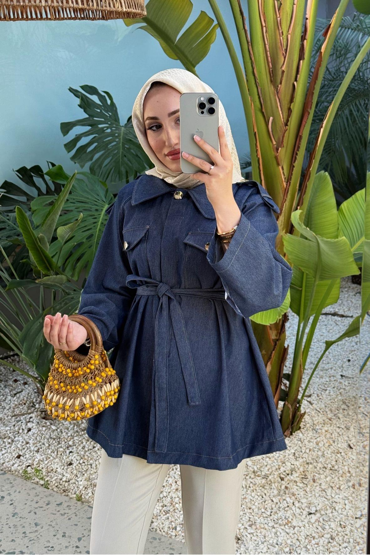 Navy gold düğmeli kot ceket - vakronline