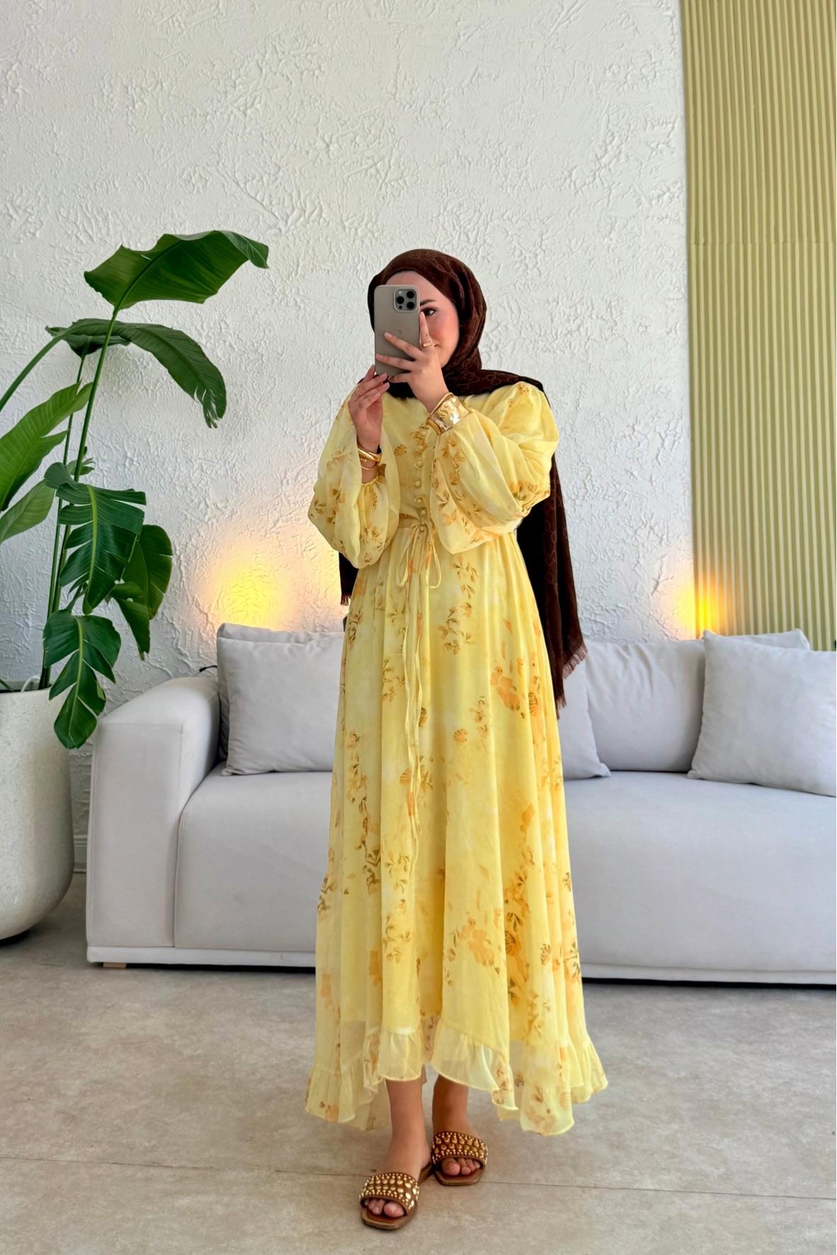 Senra Asimetrik Kesim Elbise - SARI