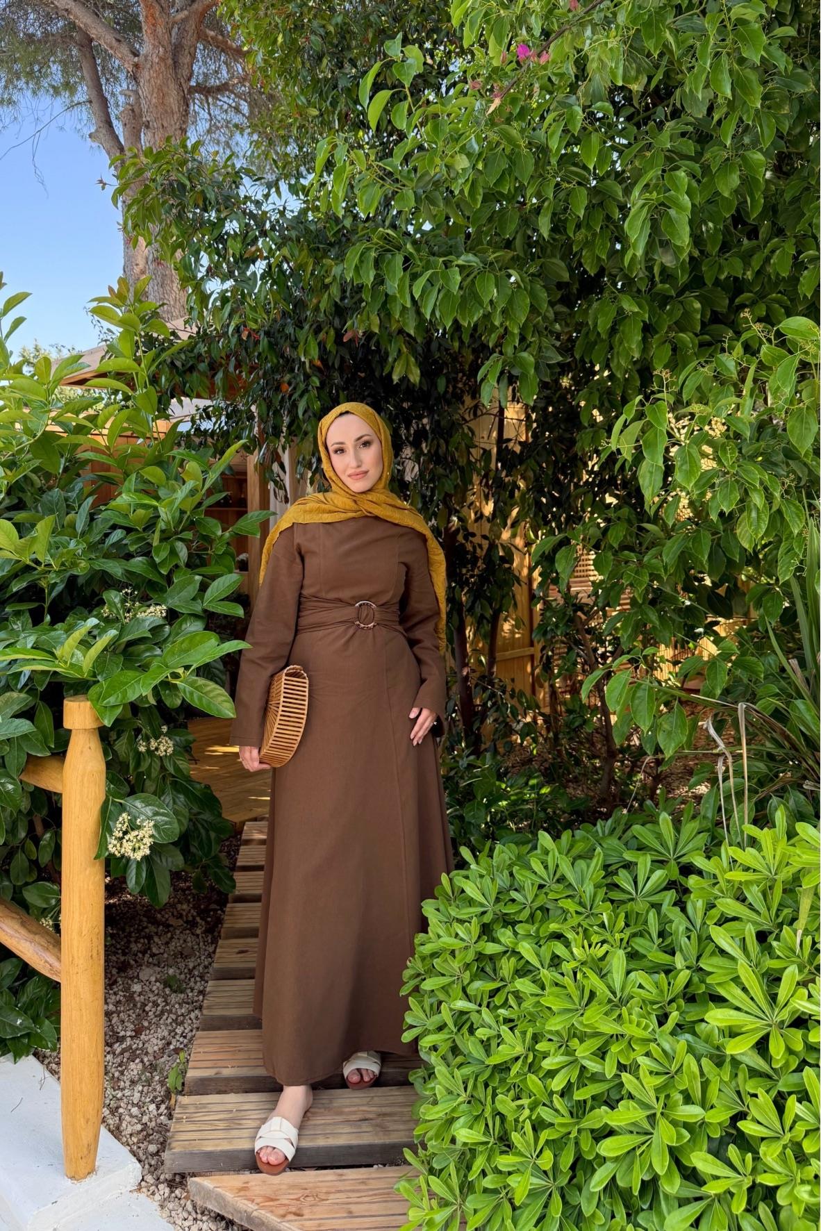 Diana keten elbise-kahve - Vakronline