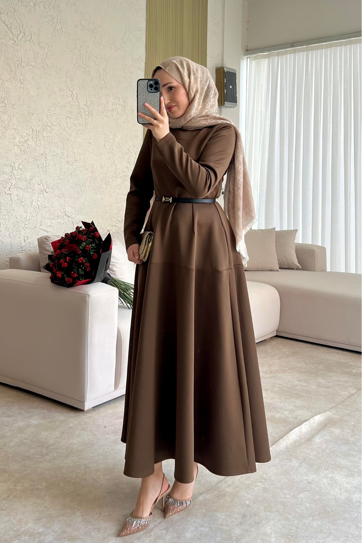 Dara kemerli scuba elbise-acı kahve - vakronline