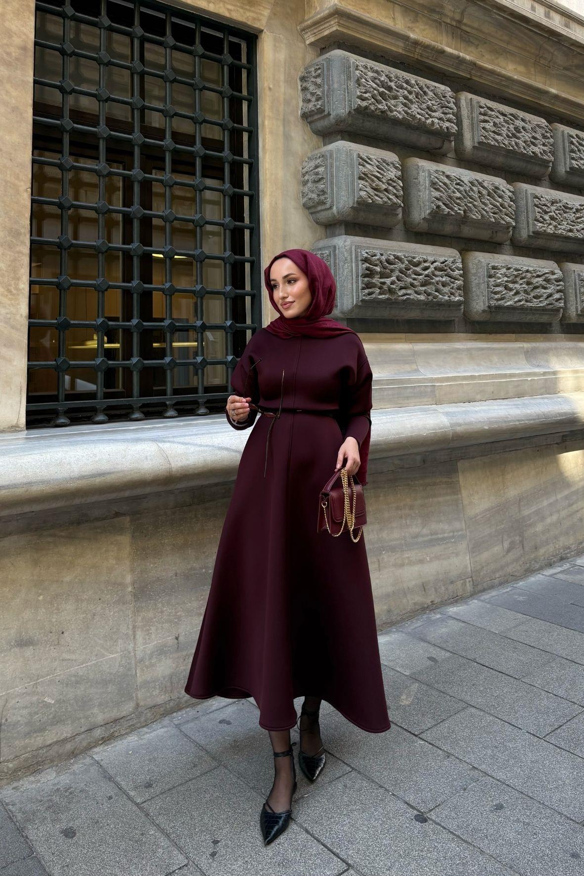 Tesettür Scuba Elbise-bordo