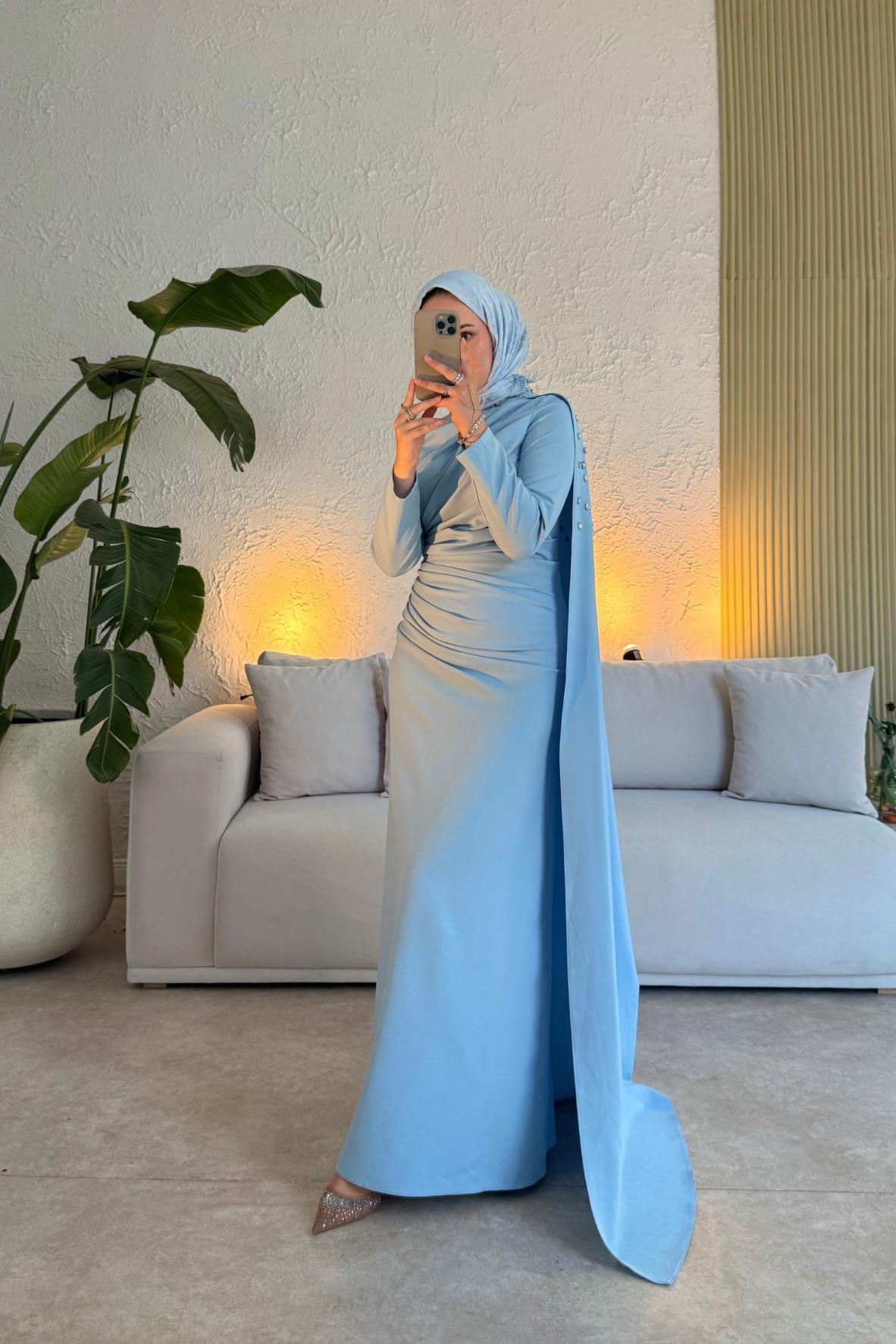 Mariana taşlı özel seri elbise-bebe mavisi- Vakronline