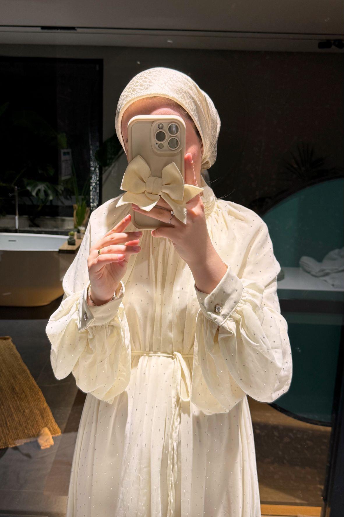 Glamour taşlı elbise-krem - vakronline