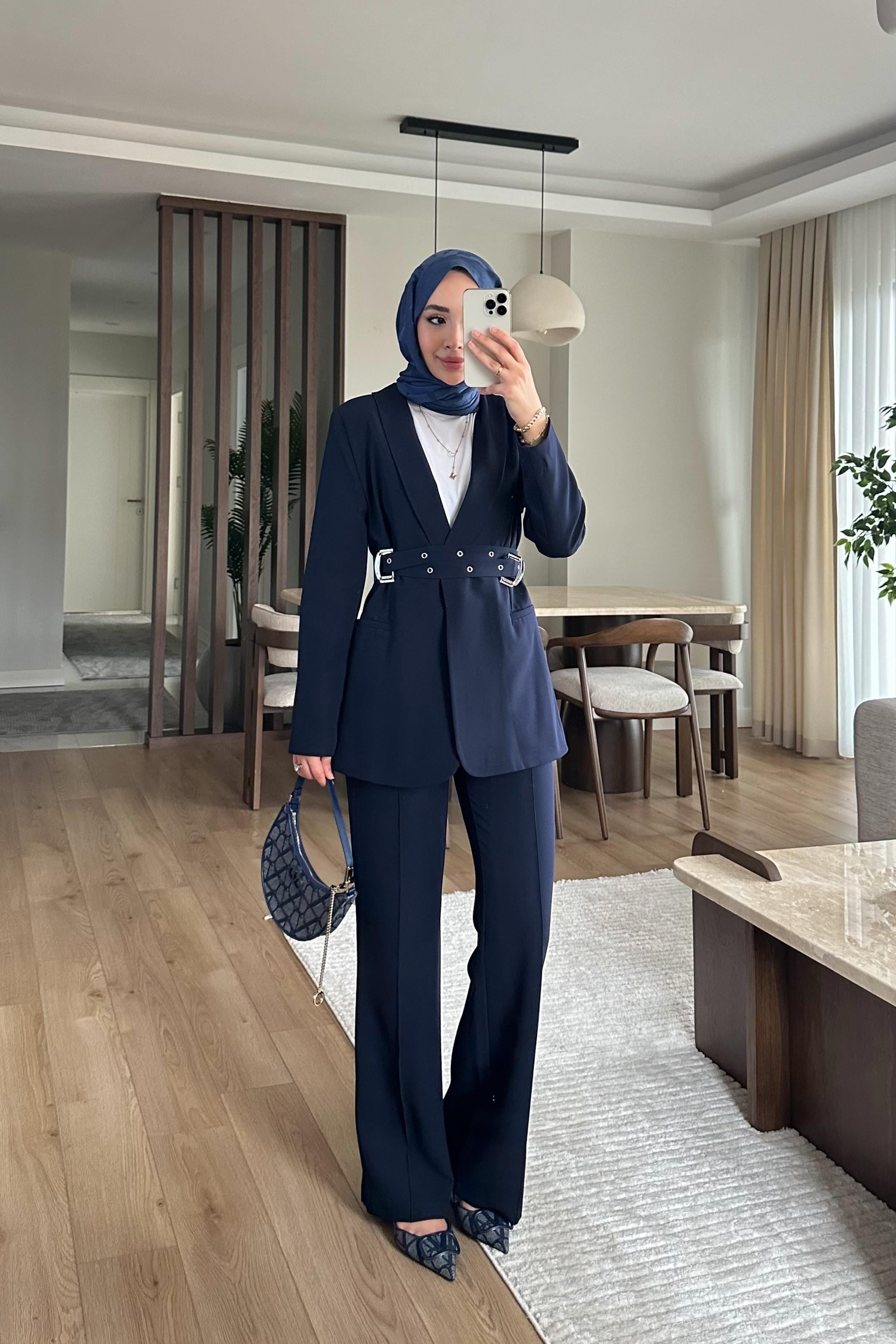 Premium çift kemer detaylı ceket takım - laci̇vert - vakronline