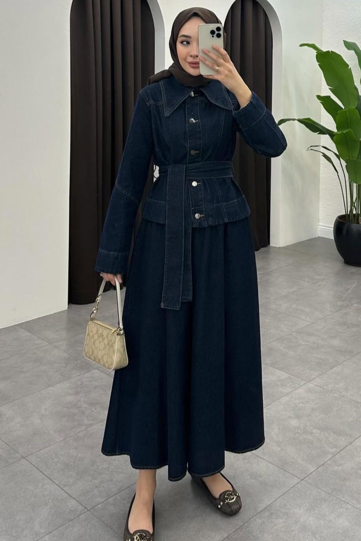 Leya kot etekli takım-koyu mavi - vakronline