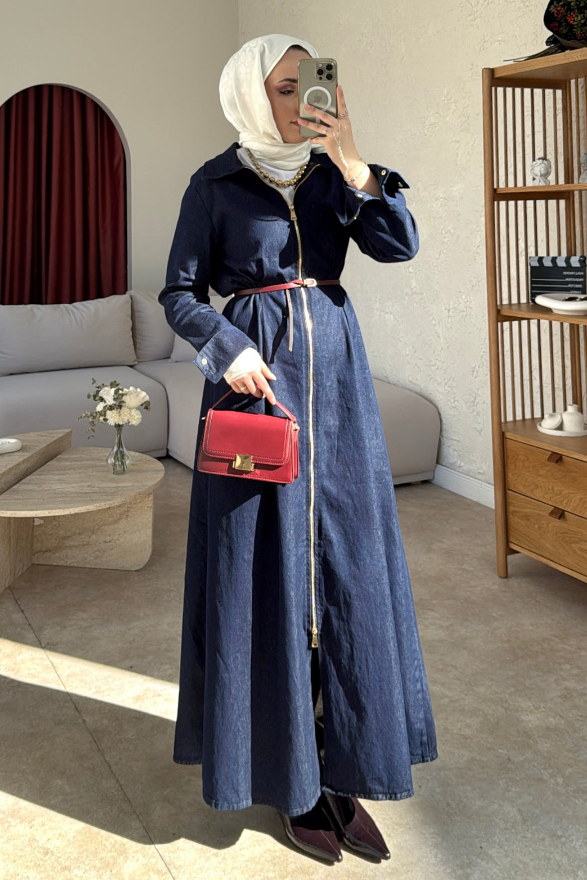 Tam fermuarlı bella kot elbise - vakronline