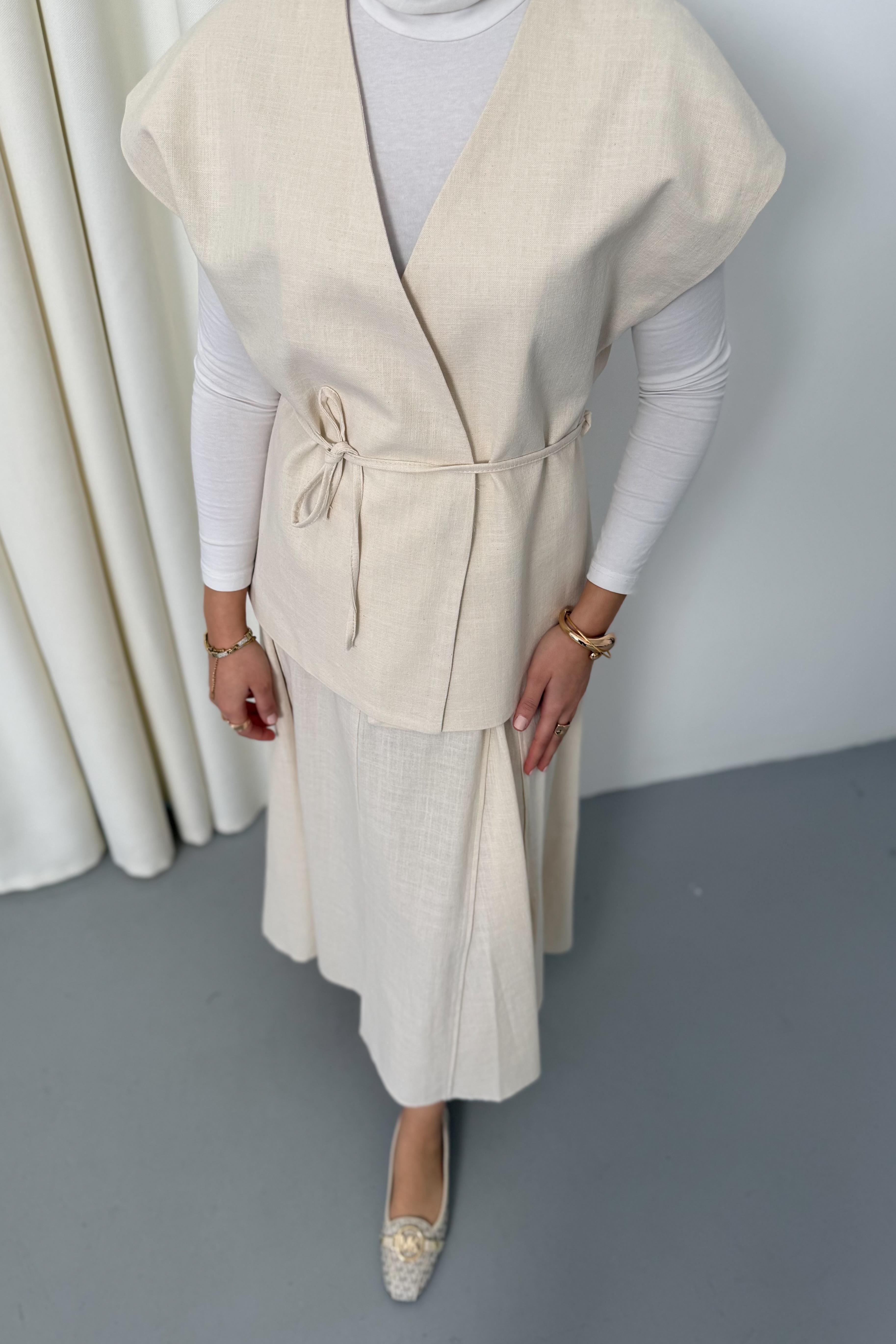 Lavinya keten etekli takım-bej - vakronline