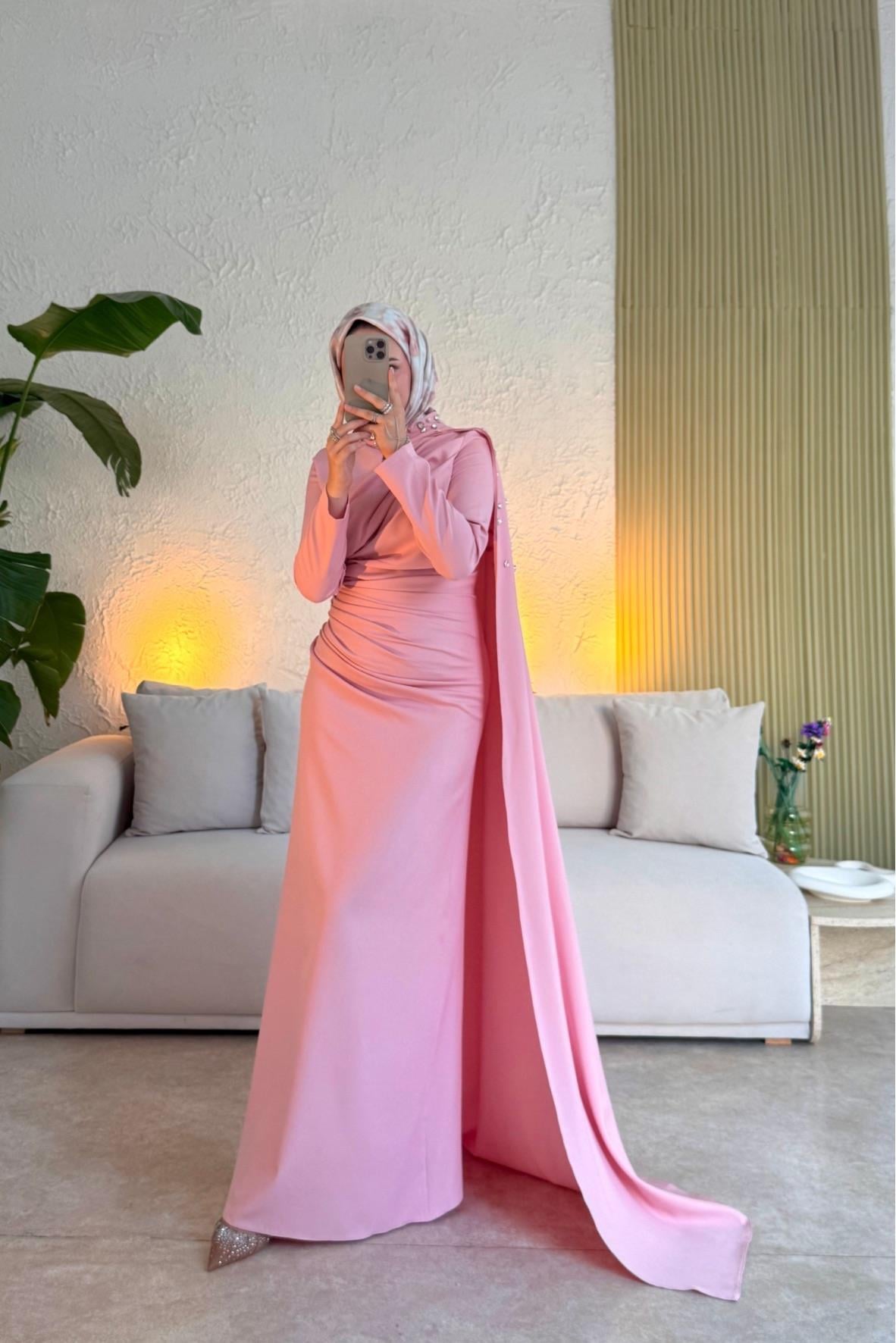 Mariana taşlı özel seri elbise -pembe - Vakronline