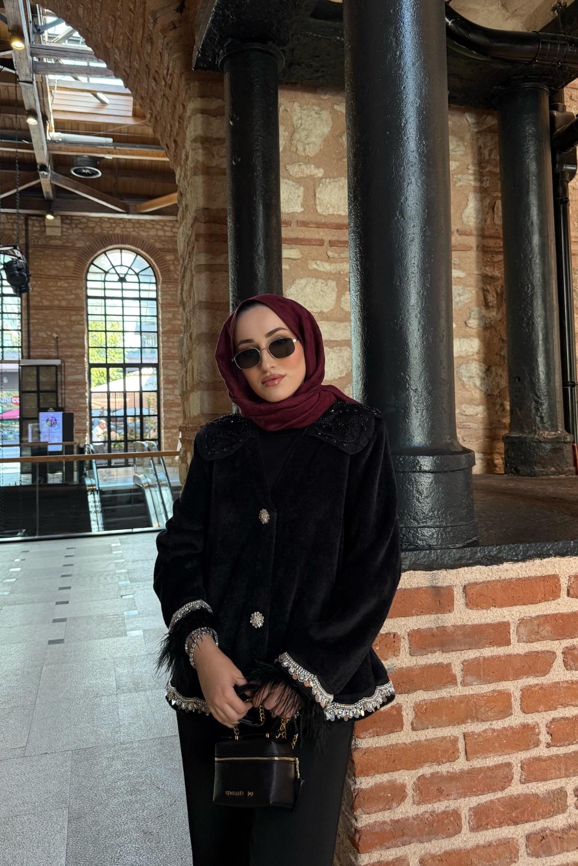 İthal Taşlı Angora Ceket-Siyah 