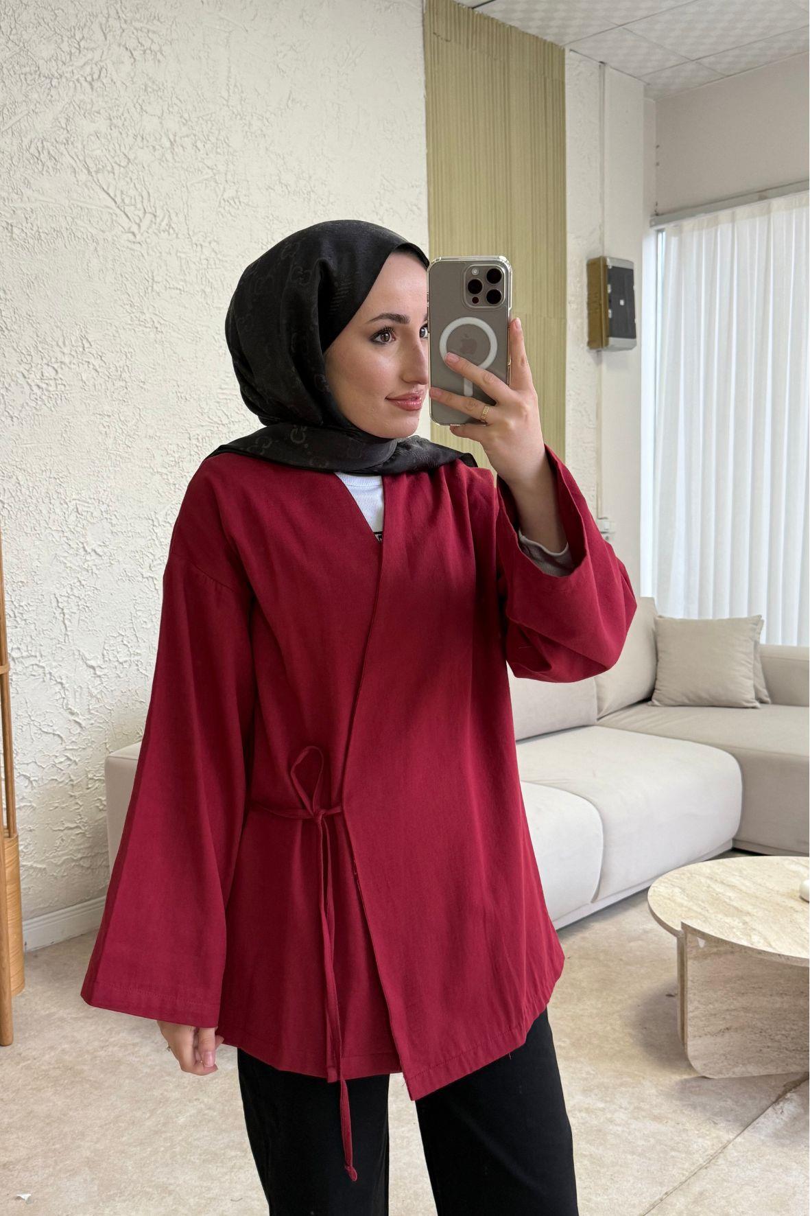 Keten yandan bağlamalı kimono-bordo - vakronline
