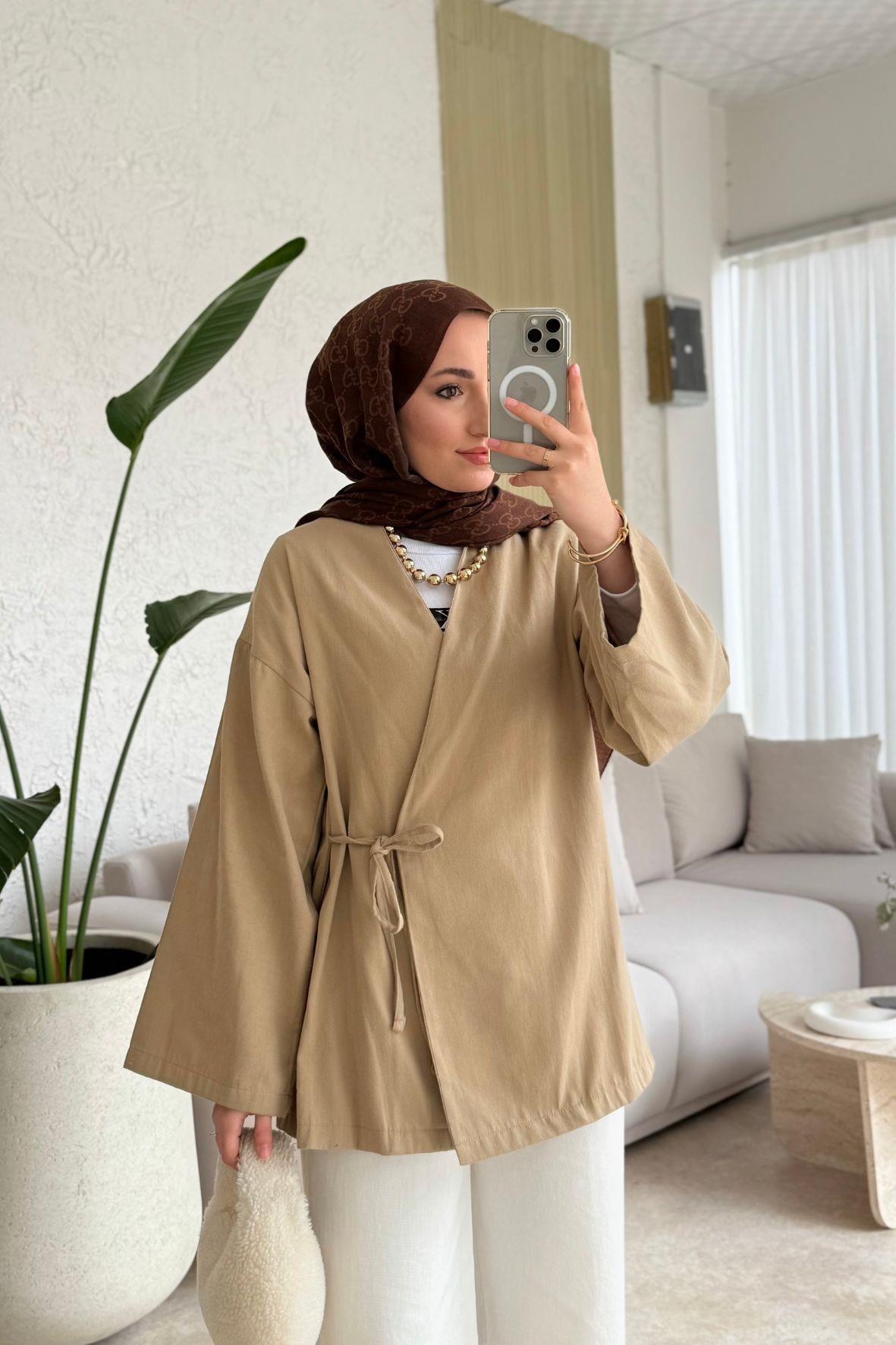 Keten yandan bağlamalı kimono-bej - vakronline