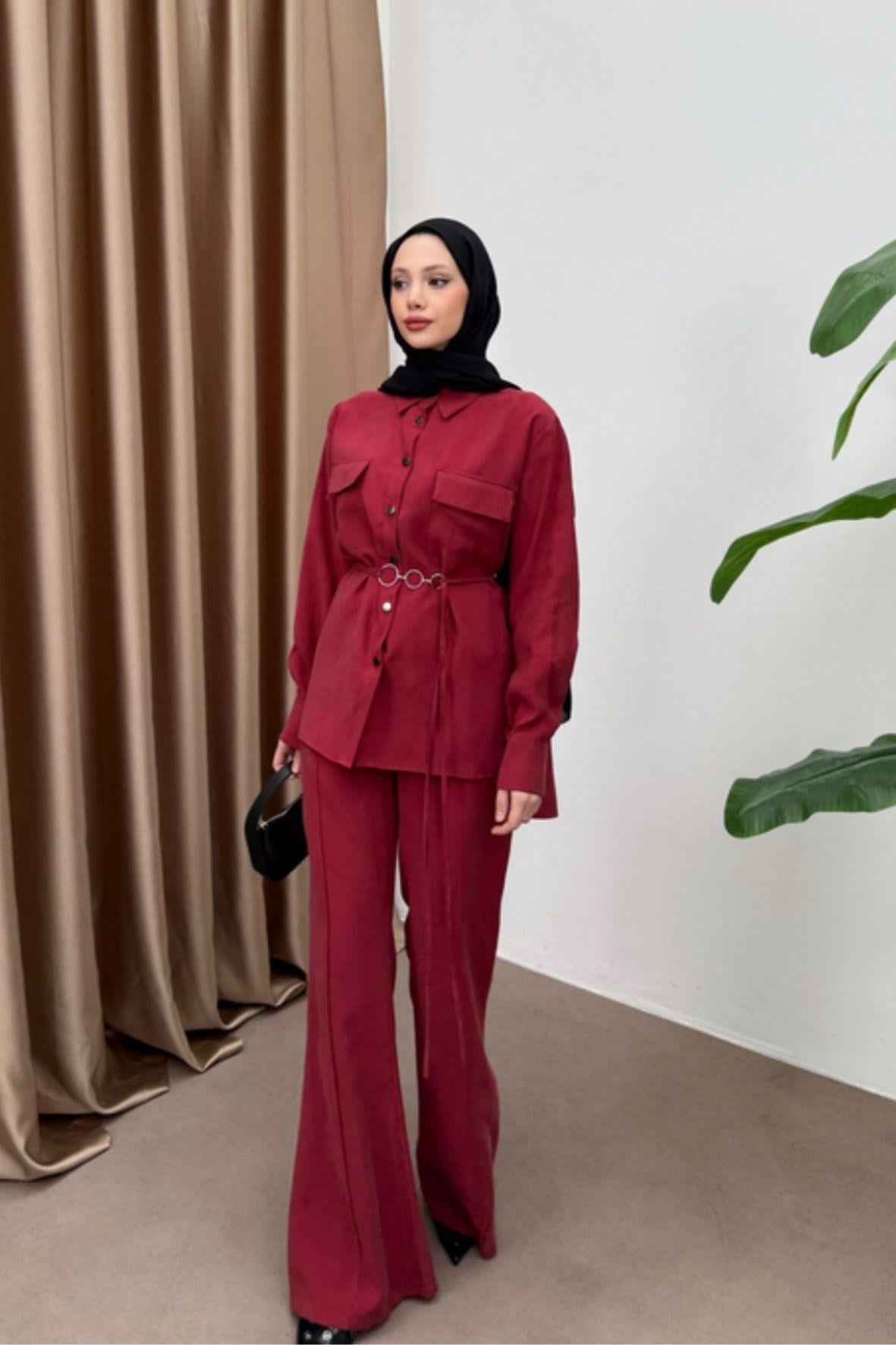 Paria pantolonlu tensel takım-bordo 