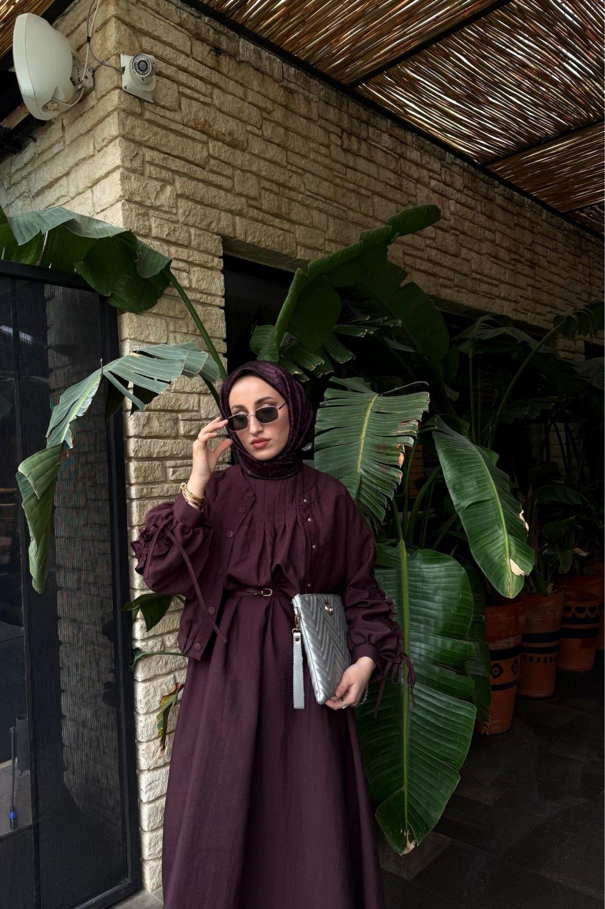 Lizya ceketli elbise-mürdüm - vakronline