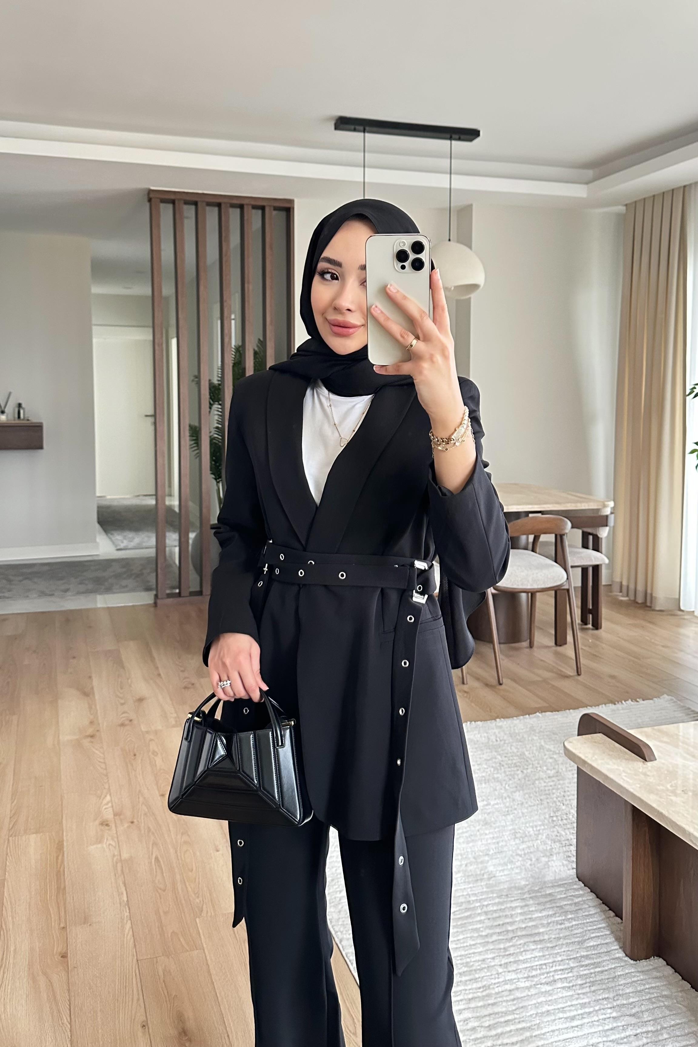 Premium çift kemer detaylı ceket takım - si̇yah - vakronline