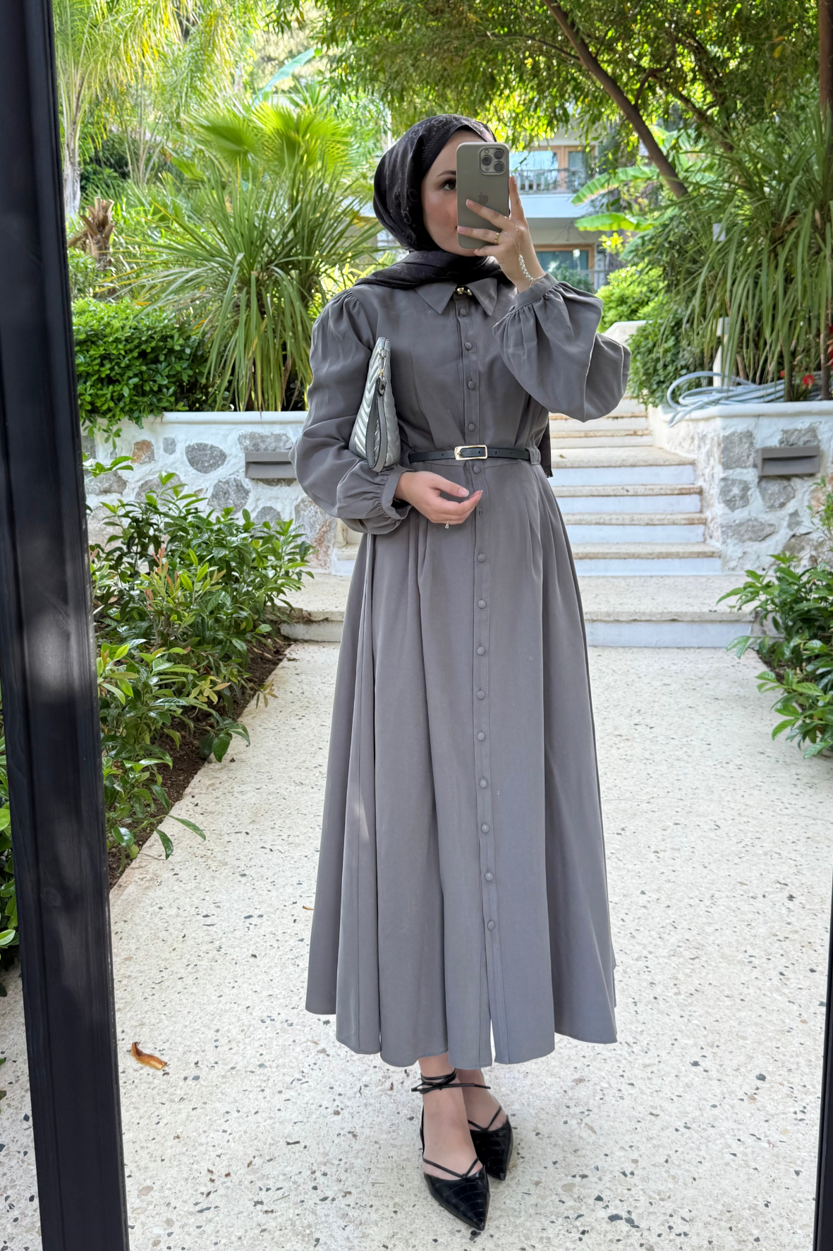 Premium kemerli elbise gri (ön sipariş) - Vakronline