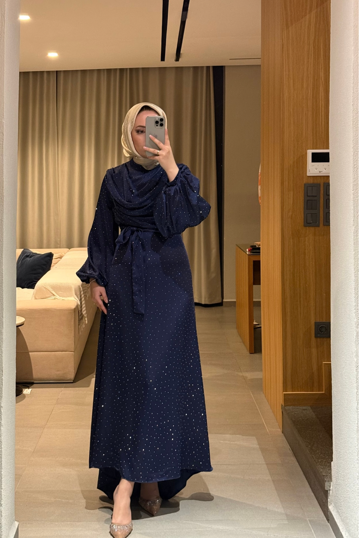 Drapeli işıltılı elbise-lacivert - Vakronline