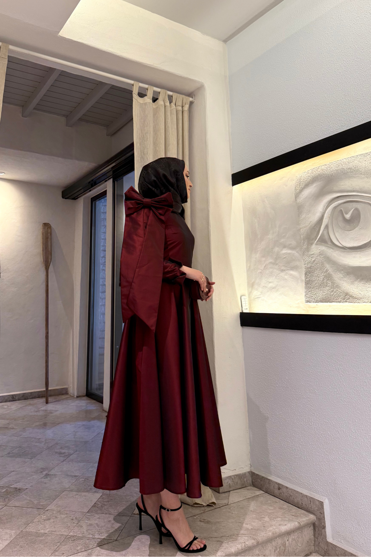 Fiyonk detaylı tafta elbise-bordo - vakronline