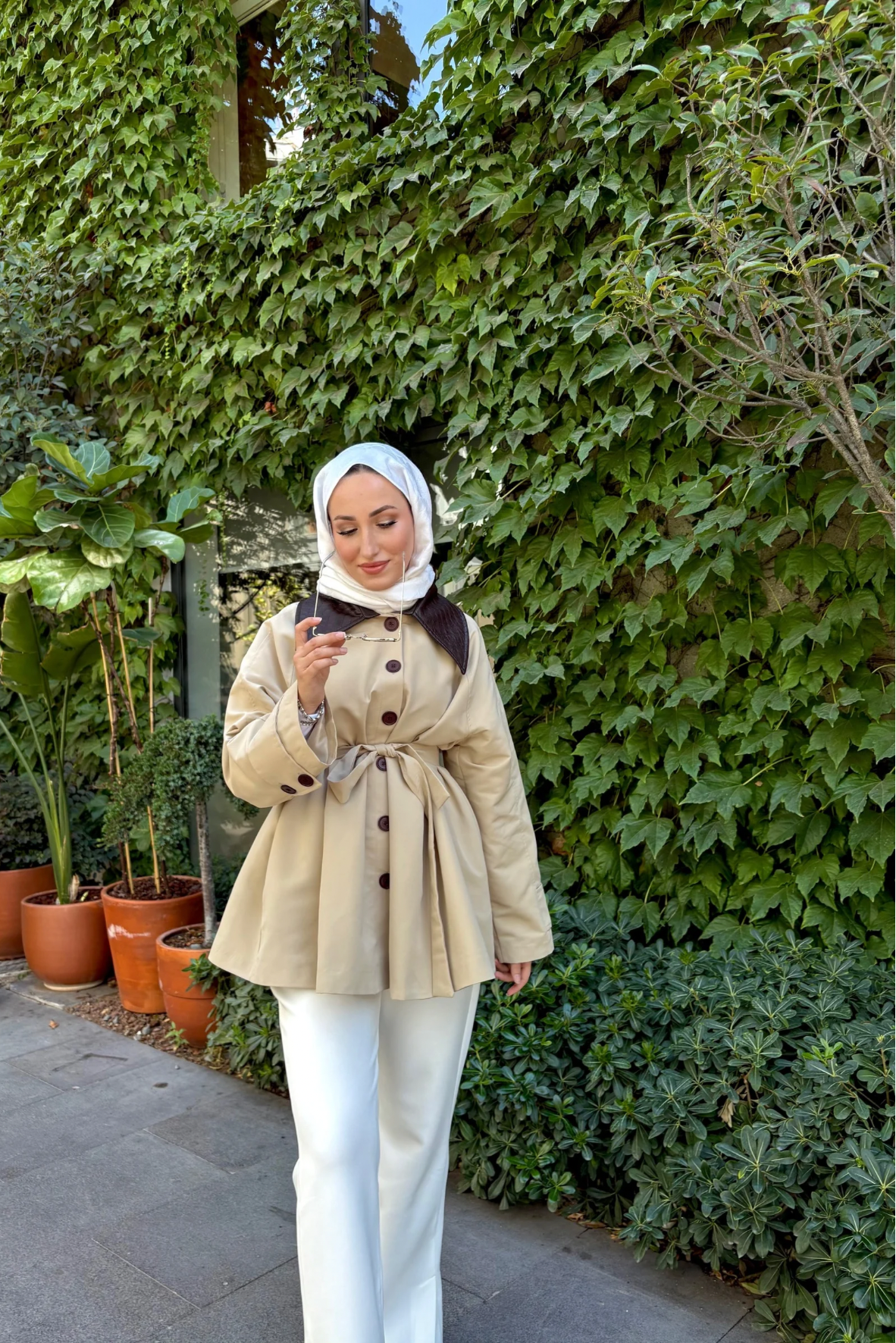 Tesettür Deri Yakalı Trenç-Bej 