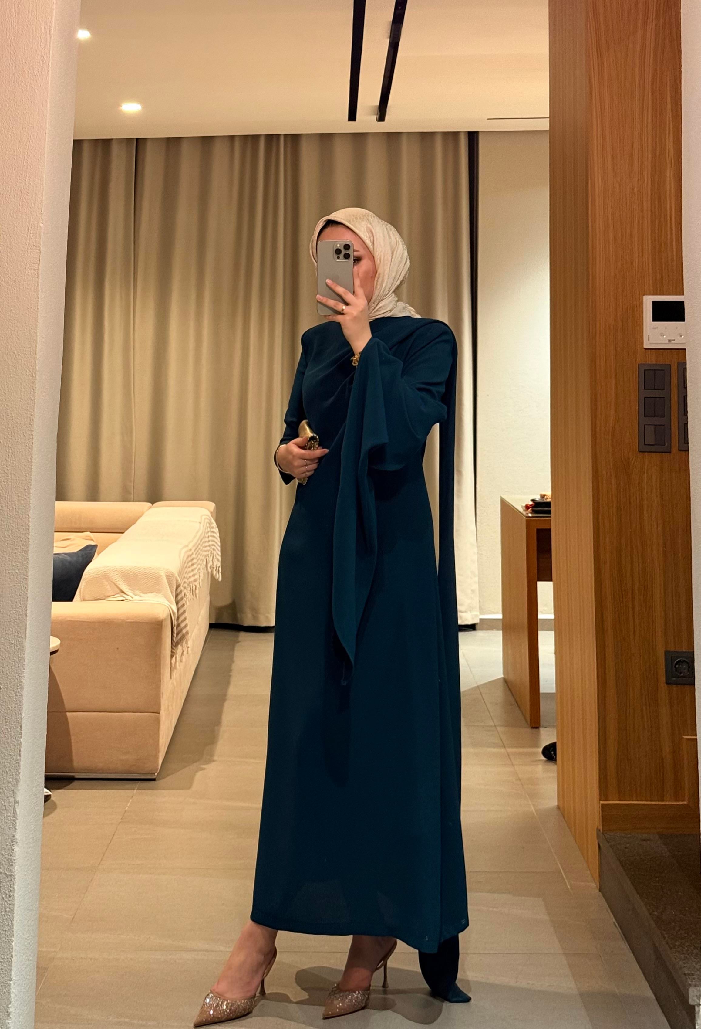 Şal Detaylı Volan Elbise -Petrol (ÖN SİPARİŞ )