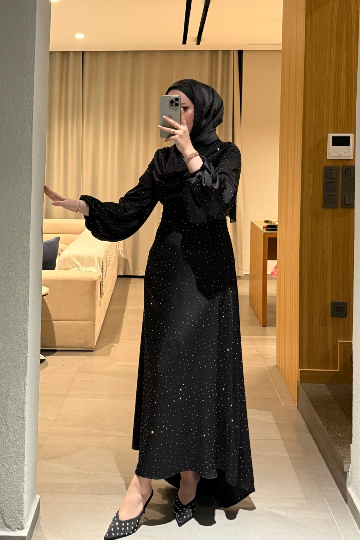 Drapeli işıltılı elbise siyah - vakronline