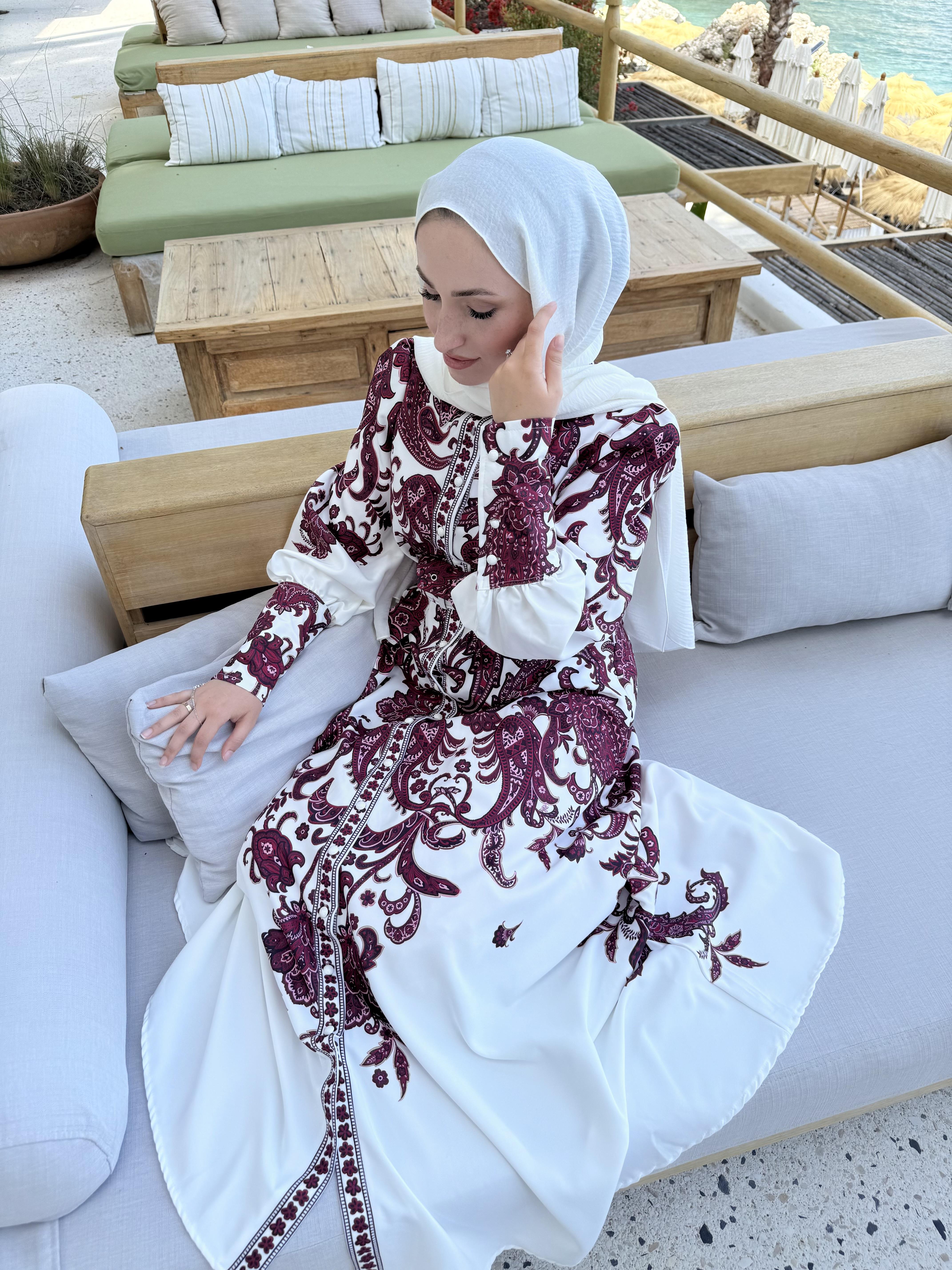 Etnik desenli premium kemerli elbise bordo (ön sipariş) - Vakronline