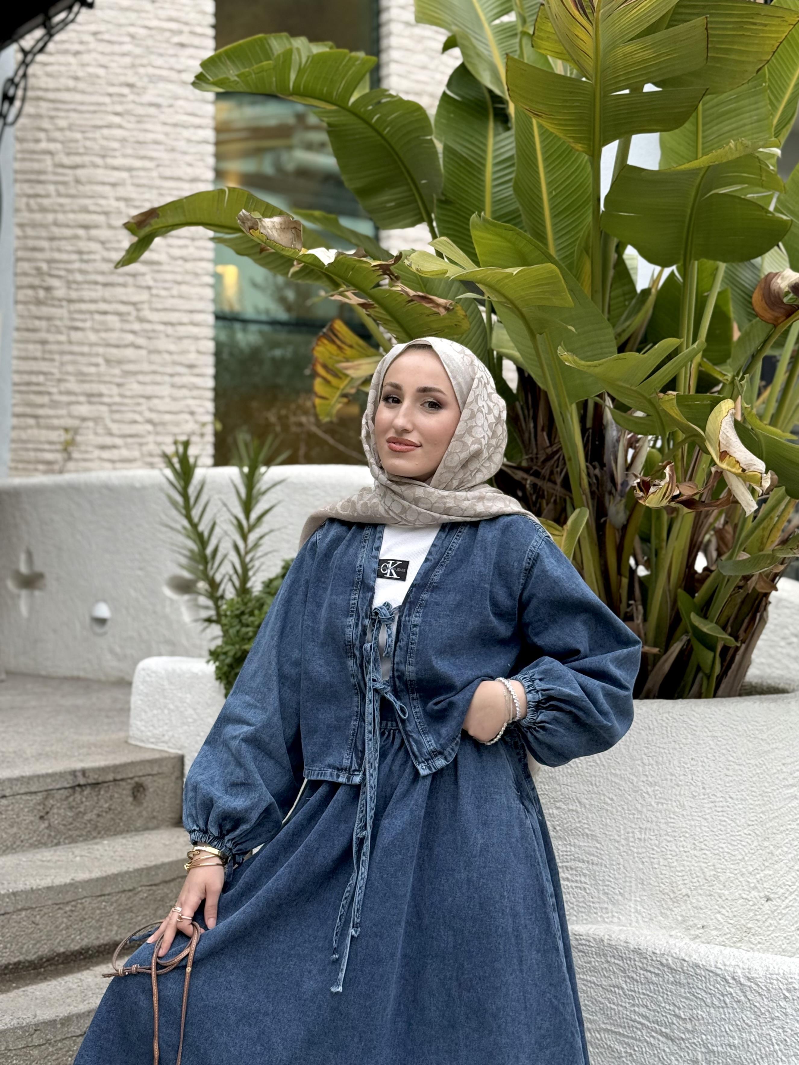 Fiyonklu kot etekli takım -koyu mavi - vakronline