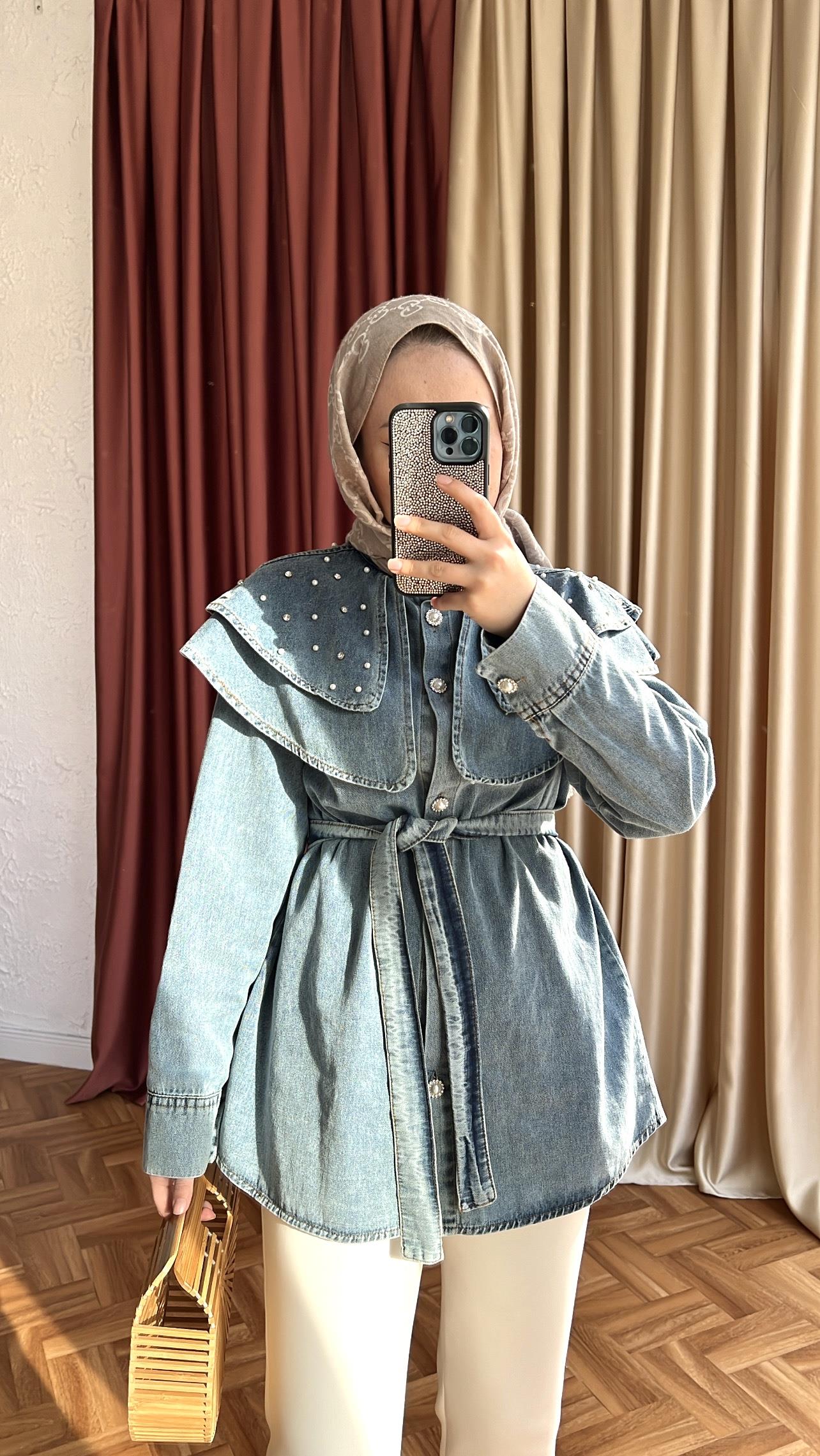 Yakasi i̇nci̇li̇ kot gömlek-buz mavi̇si̇ - vakronline