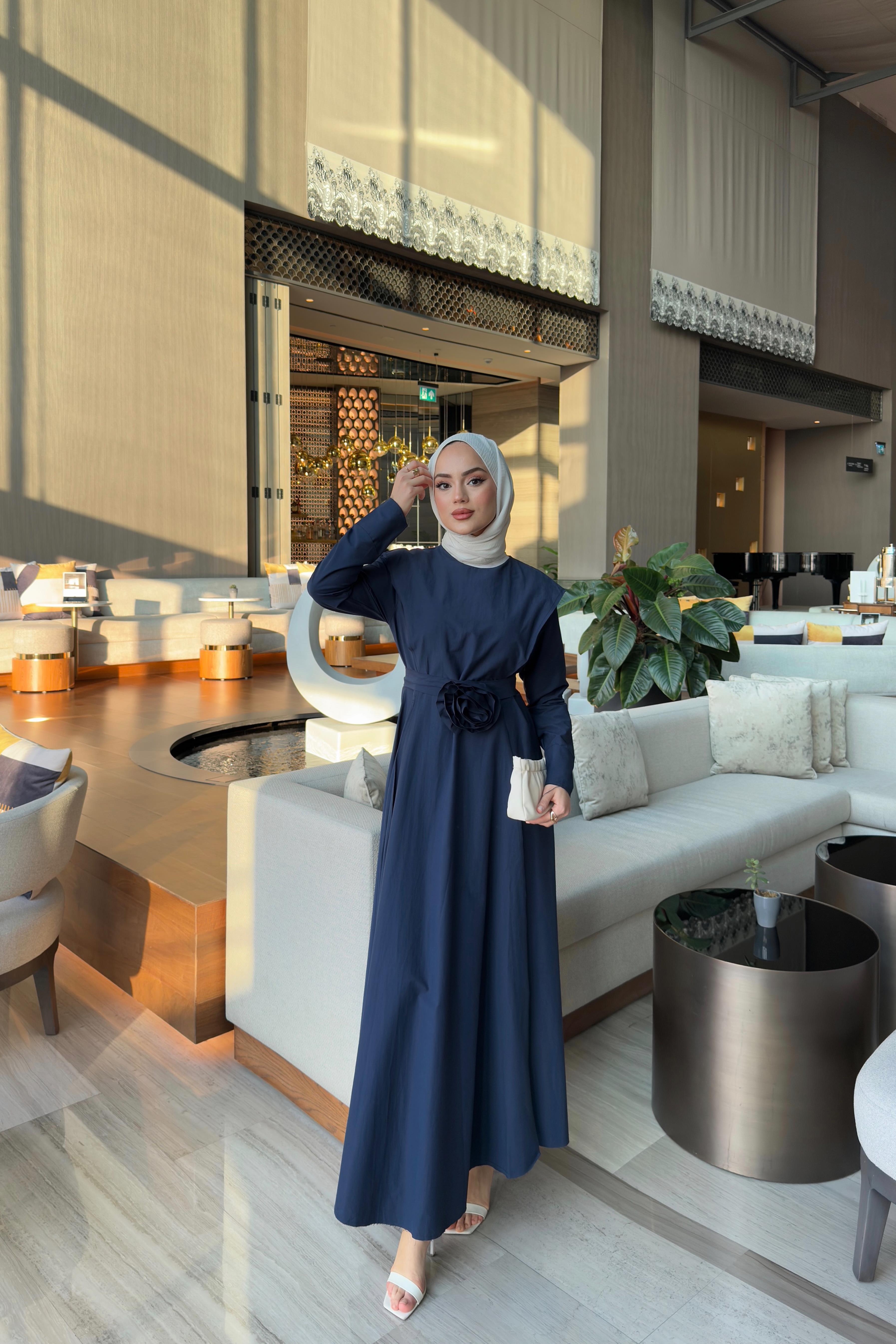 Gül kemerli elbise-lacivert - Vakronline