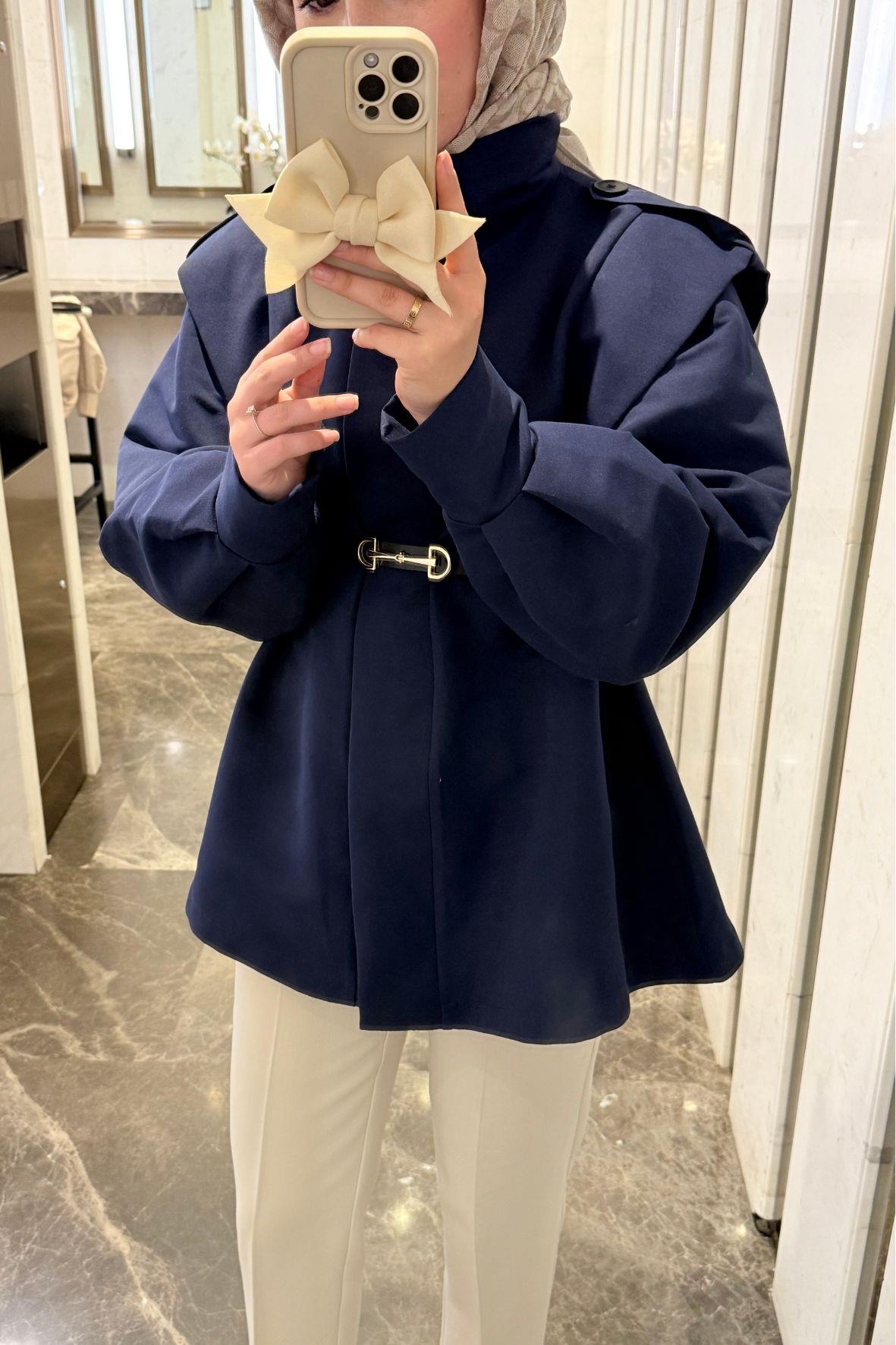 Kemerli apoletli patlı trençkot -lacivert - vakronline