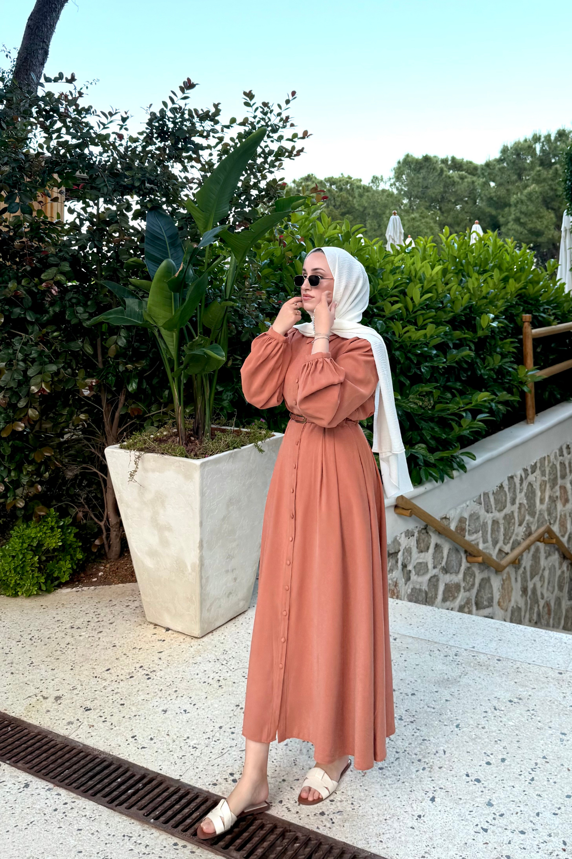 Premium kemerli elbise şeftali - Vakronline