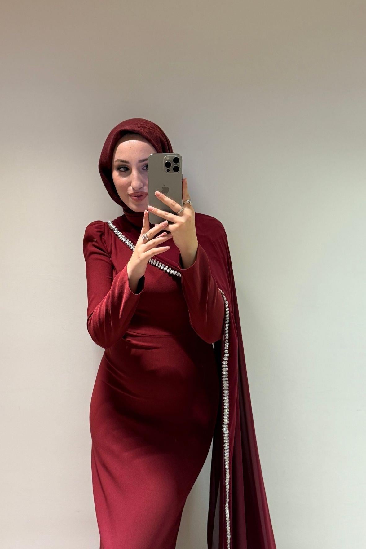 Milena Taşlı Premium Elbise-Bordo(ÖN SİPARİŞ)