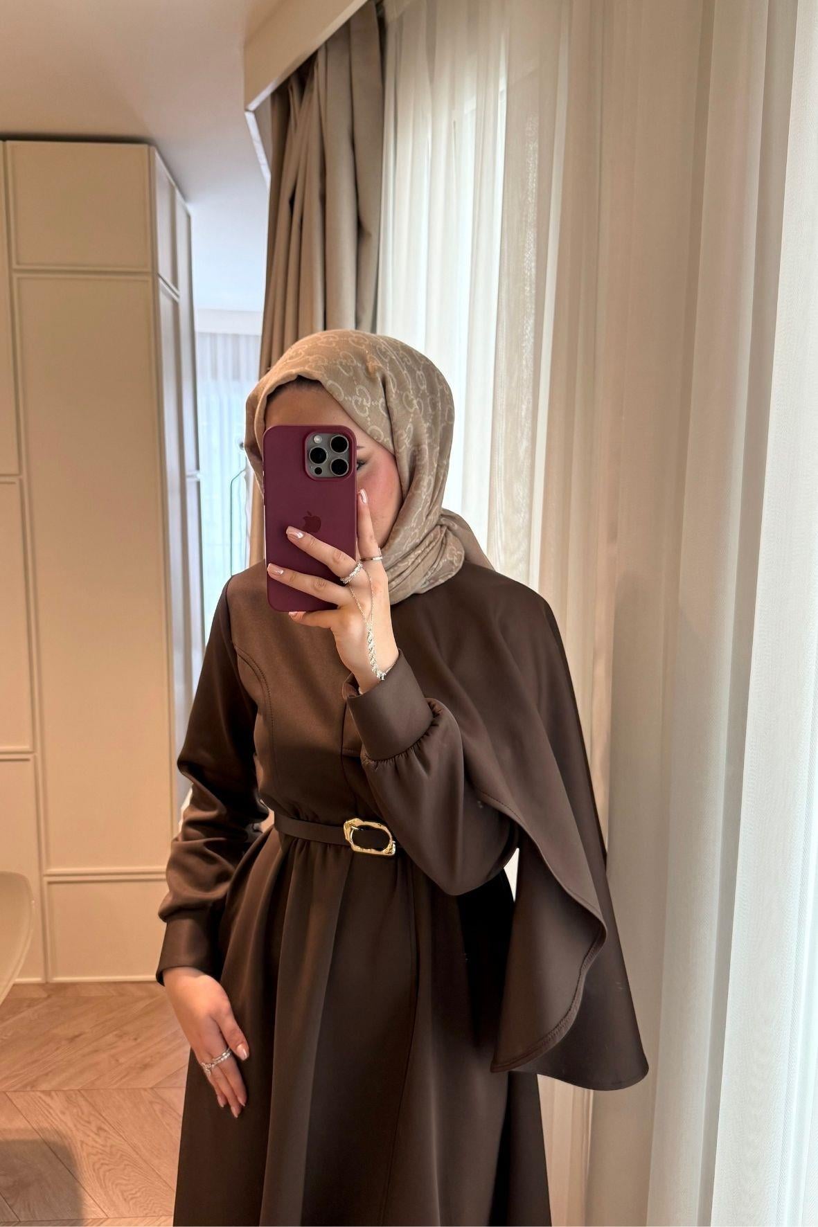 Amelie Şal Yaka Scuba Elbise-Acı kahve-6975