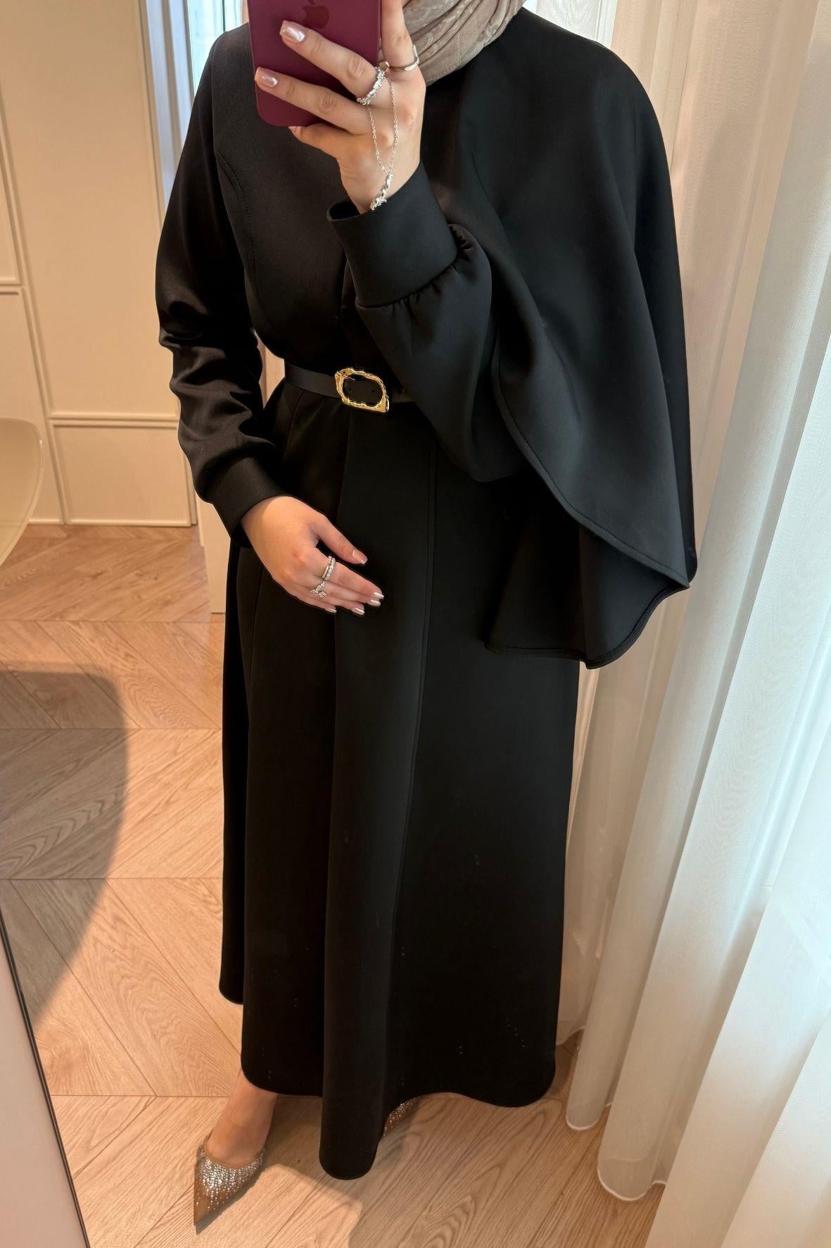 Amelie Şal Yaka Scuba Elbise-Siyah-6975