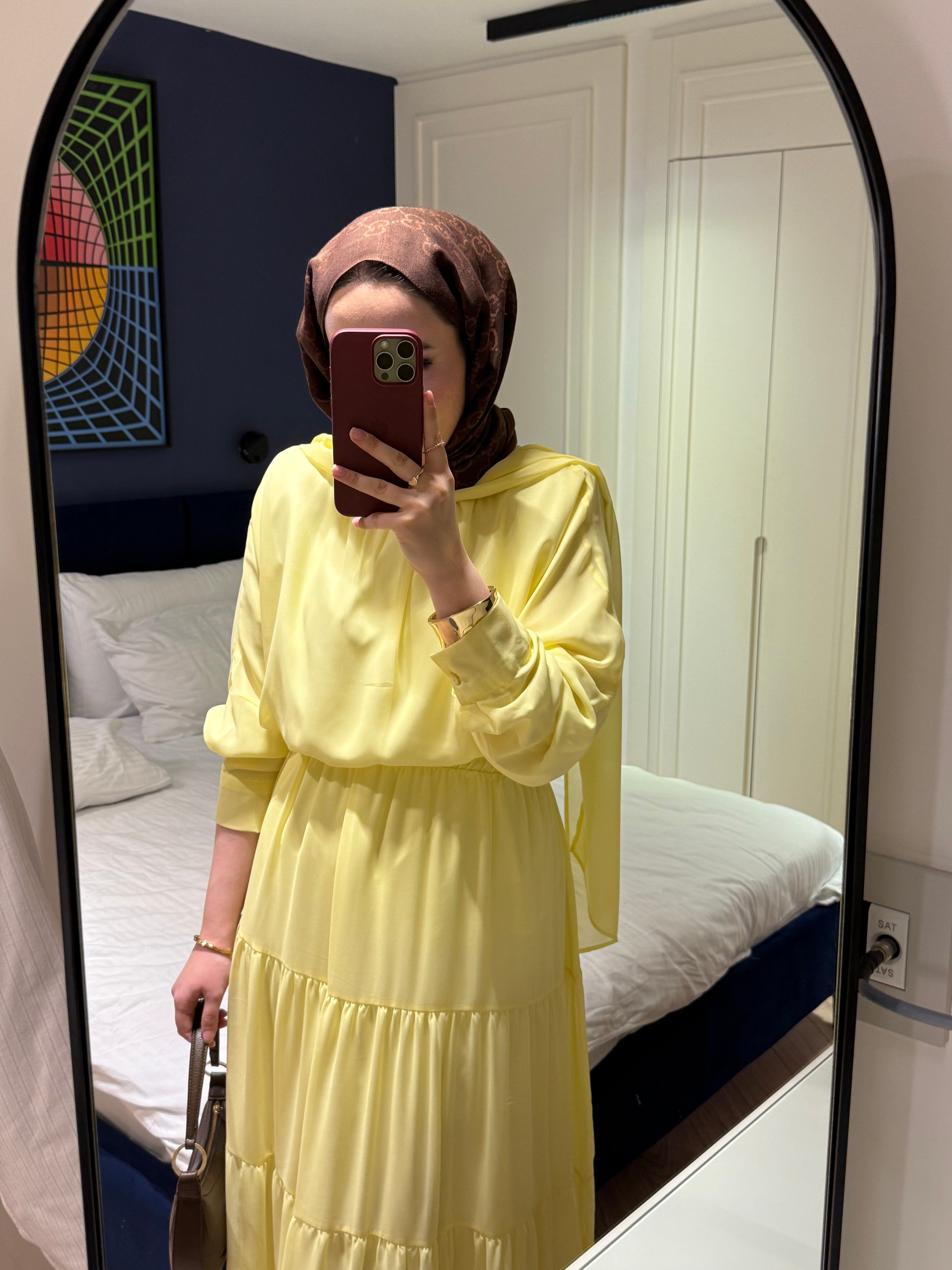 Arya  Yaka Bağlamalı Etekli Takım - Sarı-5713