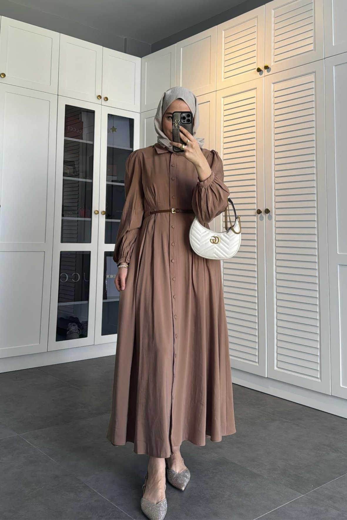 Premium kemerli elbise sütlü kahve - Vakronline