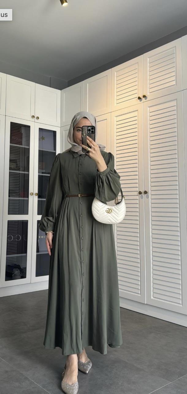Premium kemerli elbise haki (ön sipariş) - Vakronline