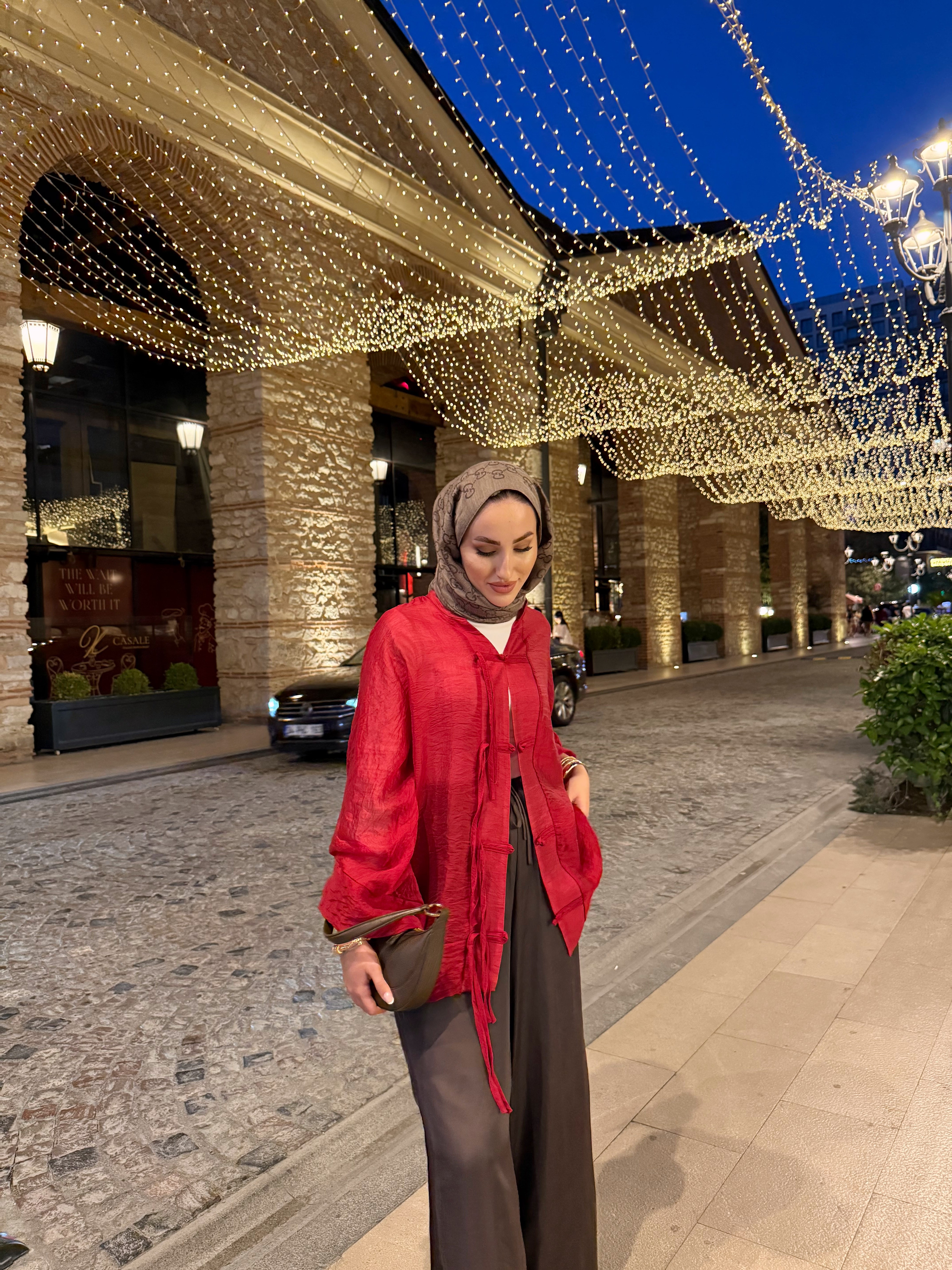 Begonya Çin Düğme Detaylı Gömlek - Kırmızı-7826